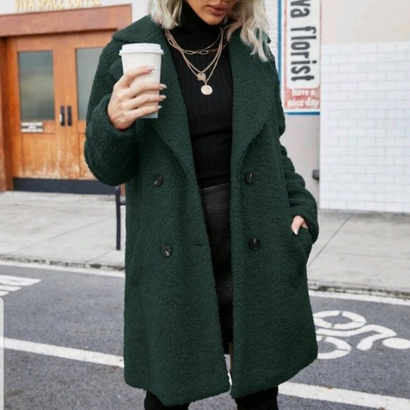 Green Faux fur teddy pea coat contemporary - Picture 4 of 5